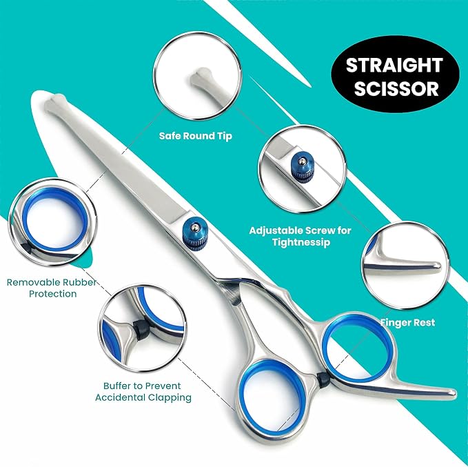 MEDUWEDU 7 in 1 Dog Grooming Scissors Set with Safety Round Head, Sharp and Durable, with Two Stainless Steel Combs, Pet Grooming Scissors for Cats and Dogs