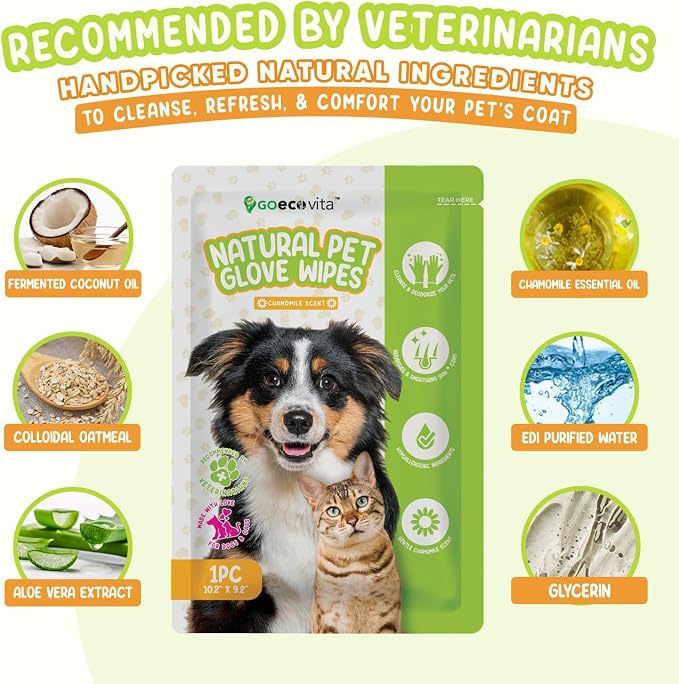 GoEcoVita Pet Deodorizing Glove Wipes for Dogs & Cats | Nourish & Clean Fur & Skin | Coconut Oil & Chamomile Rinse-Free Wipes | Bathing Glove Wipes for Daily Care | Natural, Hypoallergenic (8 Pack)
