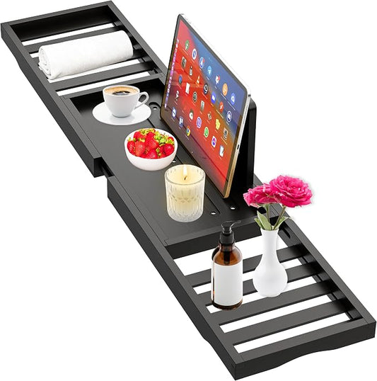 Bathtub Tray Black - Bath Tray Expandable - Bath Table Trays for Bathtub/Tub,Premium Bamboo Wooden, Fits Most Bath Tubs