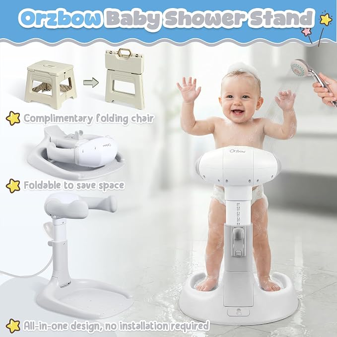 Orzbow Baby Shower Stand, Collapsible Baby Bath Stand with Foldable Chair, Adjustable Height Toddler Shower Standing Support for Infant 6-36 Months, Anti-Slip Base, Easy-Use, Gray