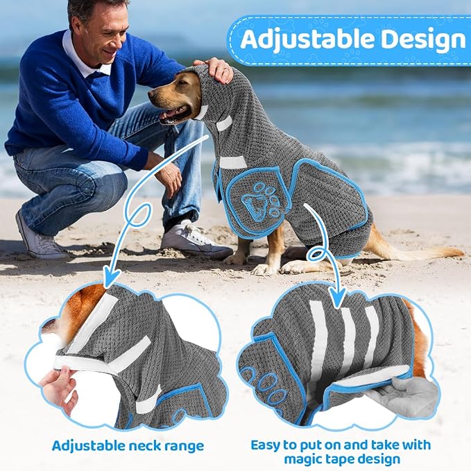 SlowTon Dog Bathrobe Drying Coat – Super Absorbent Microfiber Towel Wrap with Adjustable Collar & Belly Strap, Fast Drying Bath Robe for After Bath Swim, for Large, Medium, Small Dogs (Grey 2XL)