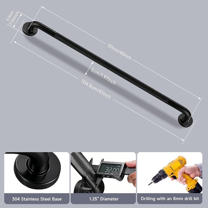 40 Inch Shower Grab Bar 1.25" Dia, 2 Pack Black Anti Slip Bathroom Grab Bar, 304 Stainless Steel Knurled Handicap Grab Bars, Safety Support Handrail,Bath Shower Handle for Elderly Injury Senior