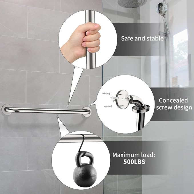 2 Pack 24 Inch Shower Grab Bar, ZUEXT Chrome Stainless Steel Bathroom Grab Bar Handle, Bathroom Shower Balance Bar, Safety Hand Rail Support, Handicap Elderly Senior Assist Bath Handle(1.25" Diameter)