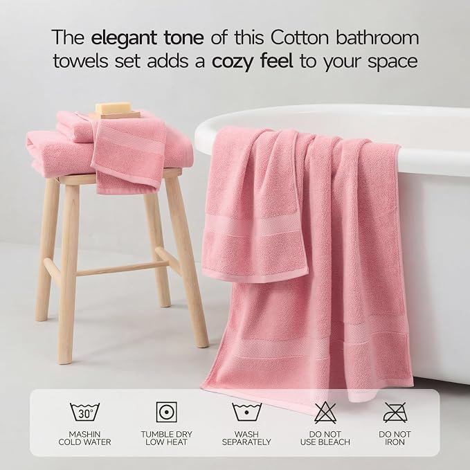 ecolook 2 Pack 100% Cotton Bath Towels, 28 x 55 Inches, Soft | Lightweight, Highly Absorbent & Quick Dry Body Towels for Bathroom, Shower, Gym & Daily Use, Pink