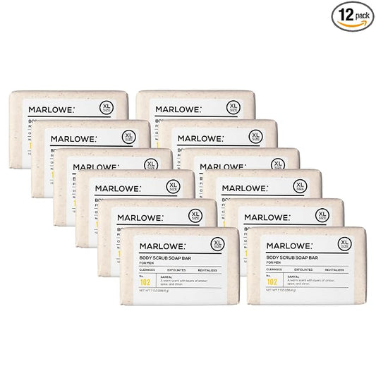 MARLOWE. Body Scrub Soap, Exfoliating Soap Bar, Santal, 7 oz (12 Bars) | Scrub Soap Bar that deeply cleanses and exfoliates while buffing away rough, dry skin. Warm Santal scent.