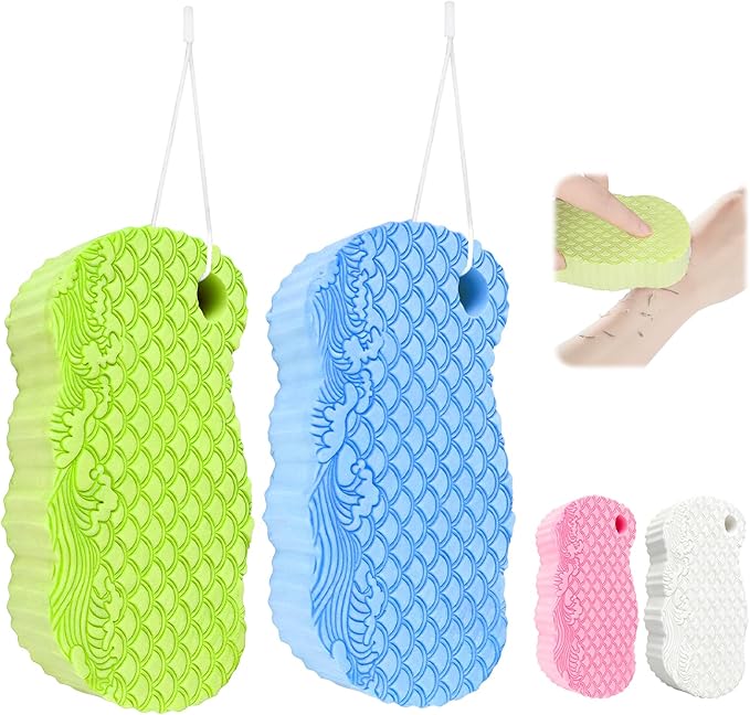 2Pcs Magic Exfoliating Bath Sponge, 3D Ultra-Soft Body Exfoliating Sponges, Deep Cleansing Dead Skin, Lanyard Bath Sponge for All Skin Types,Suitable for Both Men and Women (Blue+Green)