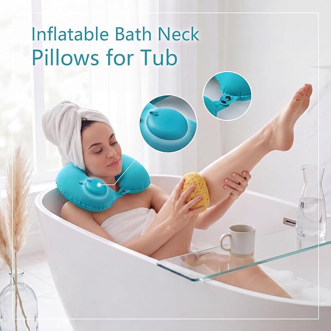 Colingmill 2 Pcs Inflatable Bath Pillows for Tub, U-Shaped Neck & Head Support Cushion, Portable Blow Up Travel Neck Pillow with Adjustable Button for Airplanes & Home Spa(Grey, Peacock Blue)