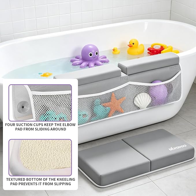 UBRAVOO Baby Bath Kneeler with Elbow Rest Pad, Non-Slip Foam Mat, Quick-Drying Cushion, Foldable Bathtub Support with Toy Storage Pockets for Parents (Gray)