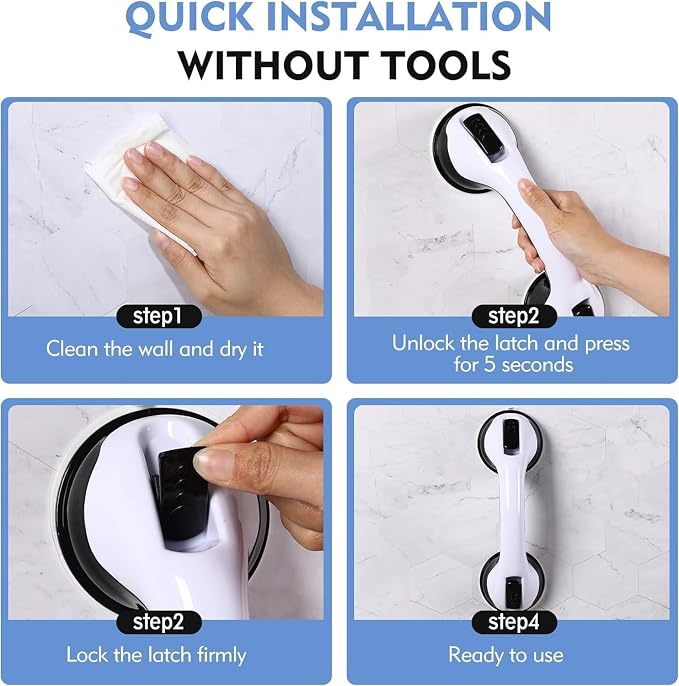 Reyiu Grab Bars for Shower, 12 Inch Shower Handle, Suction Cup Bathroom Grab Bar for Elderly, Seniors, Handicap - No Drill, Waterproof, Removable (2 Pack)