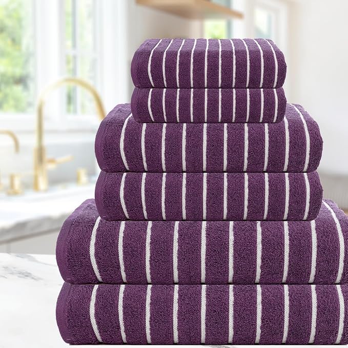 CASA COPENHAGEN Ecstatic 6Pcs 100% Egyptian Cotton Large Designer Towels Gift Set- Purple, 600GSM, 2Bath 2Hand 2Washcloths, Bath Towels for Bathroom Set for Women & Men