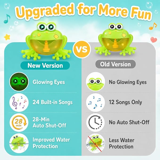 Bath Toys for Toddlers 1-3, LED Light Up Frog Bubble Machine with 24 Songs & Song Switch, Automatic Bubble Maker Blower for Baby Bathtub, Fun Shower Toys for Boys Girls, 18M+