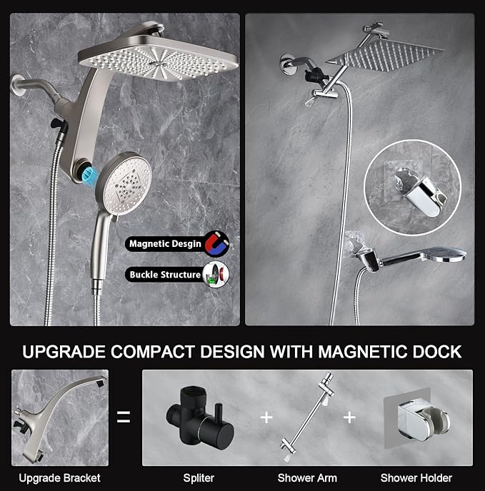 BOZYBO Rain Shower Head with Handheld: High Pressure Shower Heads with Handheld Spray Combo, 12" Rainfall Shower Head and 9 Sprays Hand Showerheads with Magnetic Docking and Power Jets, Nickel 1.75GPM