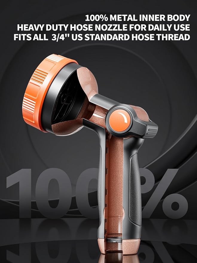 Garden Hose Nozzle, Metal Water Spray Nozzle with 8 Spray Patterns & Thumb Control, Heavy Duty Full Shower Water Nozzle for Lawn & Plant Watering, Car & Pet Washing, Orange