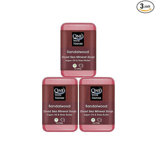One With Nature Dead Sea Salt Sandalwood Soap 4oz 3-Pack – Purifying and Exfoliating Soap Bar with Dead Sea Minerals and Sandalwood for Face & Body, for Men & Women