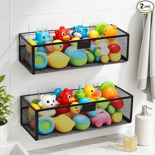 Bath Toy Storage,2 Pack Iron Mesh Bathtub Organizer for Shower Bathroom, Wall Mounted Shower Holder with Drainage, Space Saving Rust Resistant Bathtub Storage Basket for Kids Toddlers Bathroom