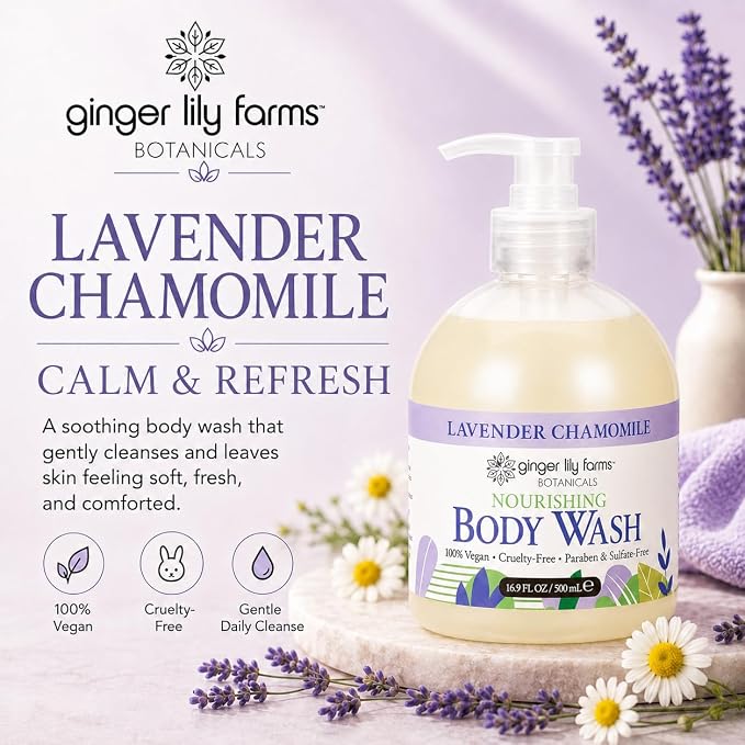 Ginger Lily Farms Botanicals Nourishing Body Wash, 100% Vegan & Cruelty-Free, Lavender Chamomile Scent, 16.9 Fl Oz (Pack of 6)