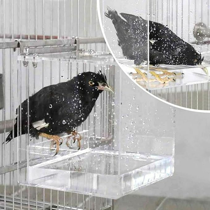 GURECOD Hanging Bird Bath Cube Bird Bathtub Bath Shower Box Bowl Cage Accessory for Little Bird Canary Budgerigar Parrots Crested Myna Cockatiel Lovebird Parakeet Bath (X L)