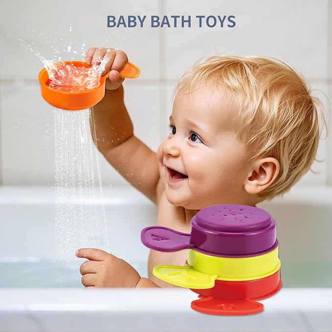 Baby Bath Toys for Kids, 15 PCS Mold Free Toddler Bath Toys Pool Water Table Toys Rainbow Color Floating Boats, Spoons & Sensory Silicone Bath Toys, Bathtub Water Toys for Toddlers 1-3 and Babies