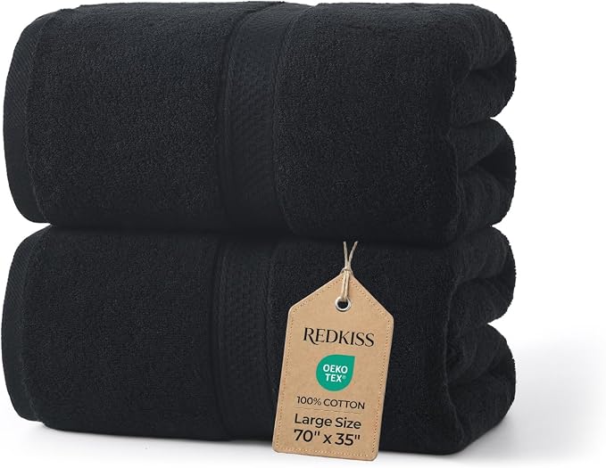REDKISS 2 Pack Oversized 70"x35" Bath Sheets for Adults - 100% Cotton & Quick Drying Lightweight Bath Towels, Full Coverage for Tall or Plus Size Body, Shower Towels for Bathroom, Pool Yoga, Black