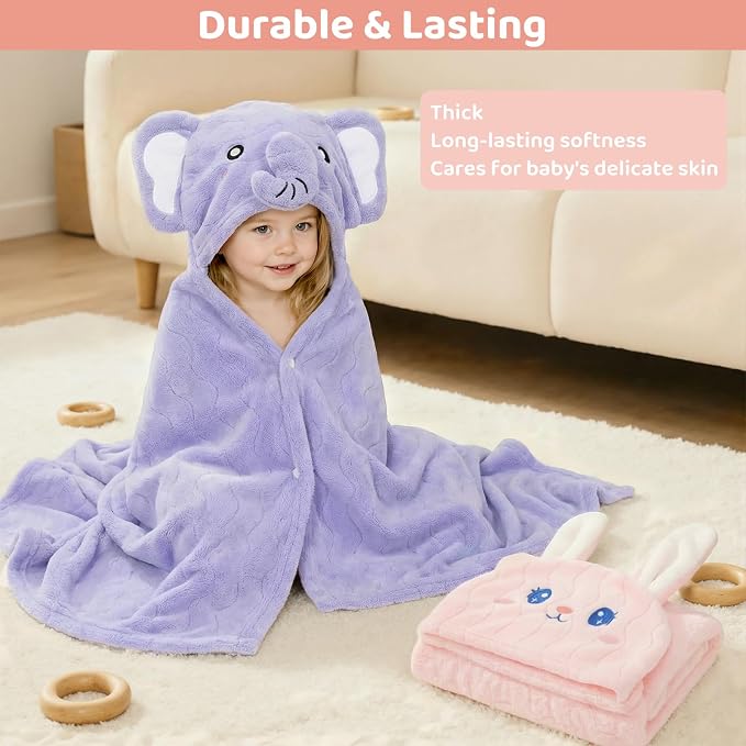 6 PCS Toddler Towels Set for Boy Girl 0-5 Year, 2 PCS Absorbent Hooded Baby Bath Towels Large 55" x 27.5" & 4 PCS Washcloths, Ultra Soft Toddler Newborn Bath Essentials Gifts, Rabbit & Elephant
