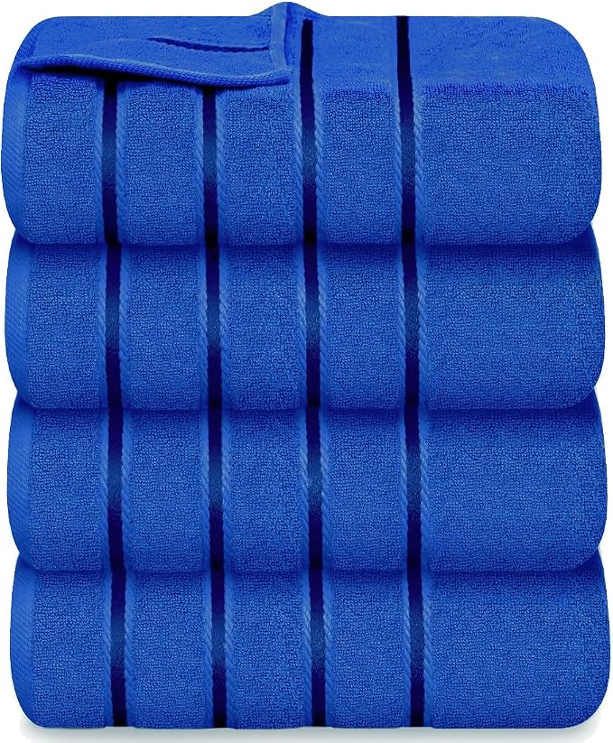 Luxury Bath Towels Set of 4, 27x54 Inches 600GSM 100% Cotton Ring Spun – Daily Use Highly Absorbent Viscose Stripe Bath Towel Sets for Bathroom, Hotel, Spa (Royal Blue)