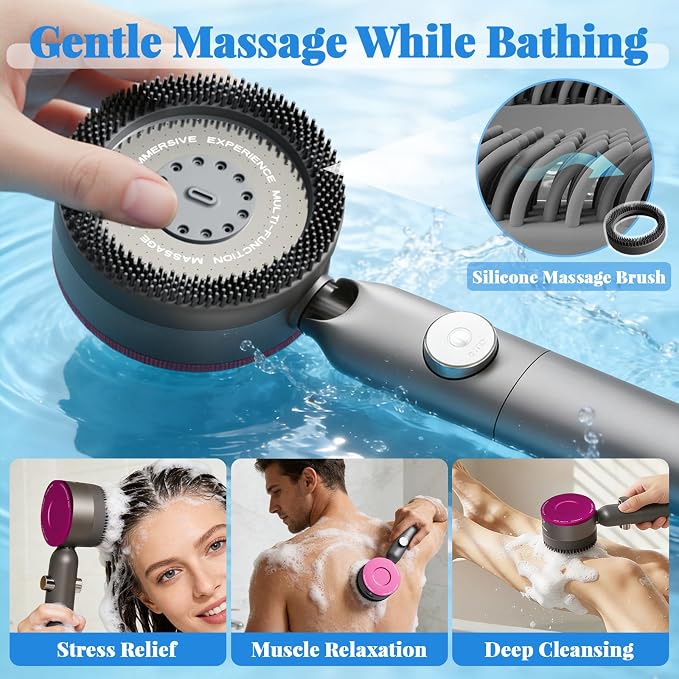 Filtered Handheld Shower Head, High Pressure Power Showerhead with 5 Filters & 59" Flexible Hose, 360° Rotating Adjustable Shower Head with Wall Holder & ON/Off Switch for Hair & Skin, Gray