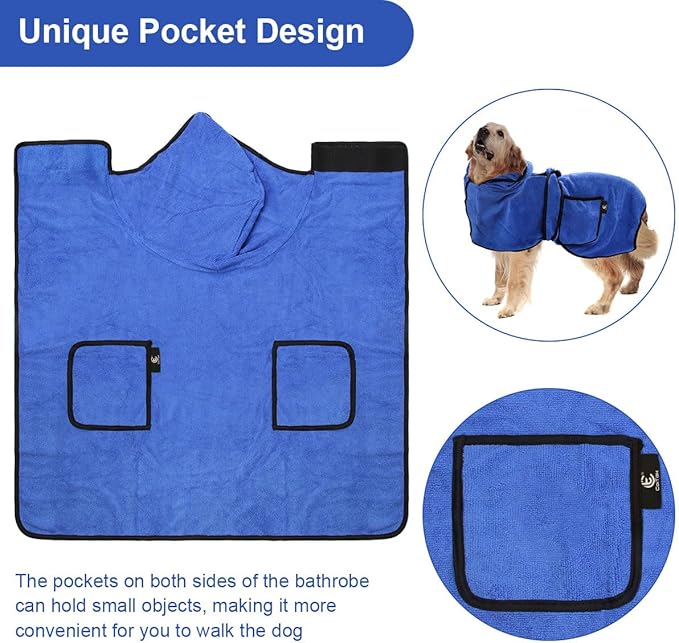 Dog Bathrobe Towel with Double Pocket, Wearable Dog Towel Super Absorbent Fast Drying, Soft Bath Robe with Hat and Belt for Medium Large Pet (Medium:Back Length 20"/50cm)