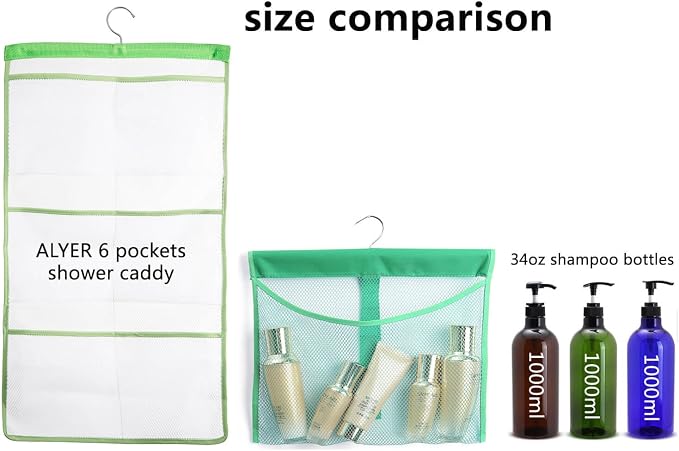 ALYER Hanging Mesh Shower Pockets Caddy for 34oz/1000ml Shampoo and Conditioner, Colorful Bath Toy Organizer, Hanging Tandem Type Closet Accessories Storage Bag, White