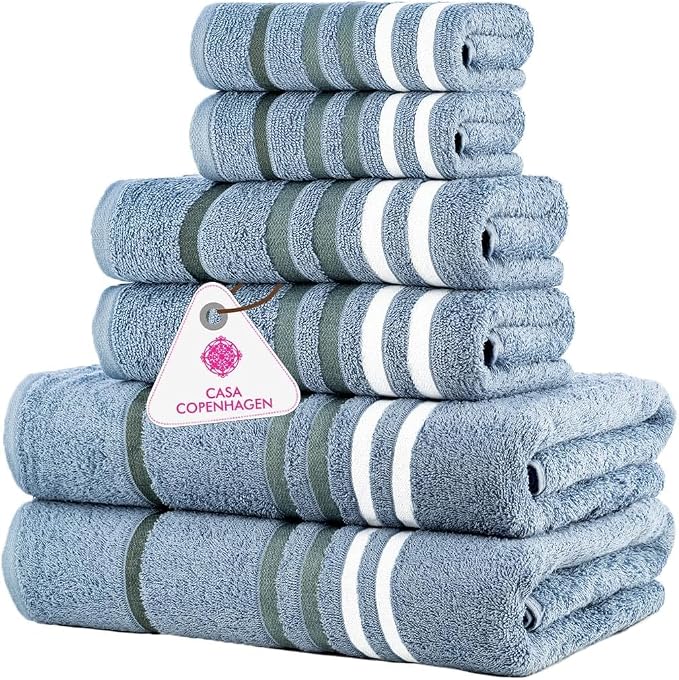 CASA COPENHAGEN Exotic 6Pcs 100% Egyptian Cotton Designer Towels Gift Set- Dusty Blue, 550GSM,2Bath2Hand2Washcloths,Bath Towels for Bathroom (Box Pack,Gift Ribbon Set for Women & Men)