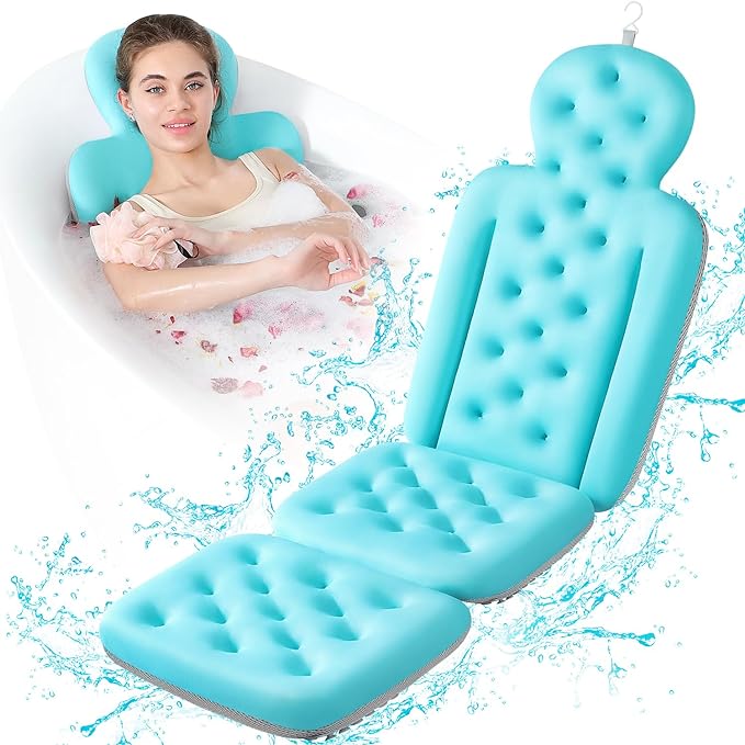 Luxury Bath Cushion, Full Body Bathtub Pillow with 160 Suction Cups, Bath Mat for Head and Neck Support, with Laundry Bag (Blue, 51" x 16")