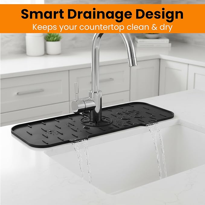 2 Pack 15" x 5.7" Silicone Faucet Mat for Kitchen Sink – Splash Guard with Upgraded Drain Outlet & Slope Design – Water Catcher & Sink Sponge Holder for Kitchen and Bathroom (Black & Gray)
