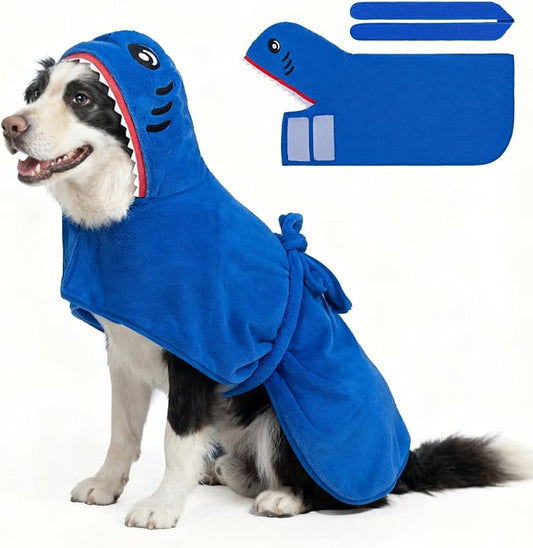 SCENEREAL Dog Bathrobe Fast Drying Towel Microfiber Dog Towel Robe with Hook and Loop Closure & Wrap Tie Snuggle, Super Absorbent Pet Cat Dog Bath Robe Drying Coat, Shark Hood L