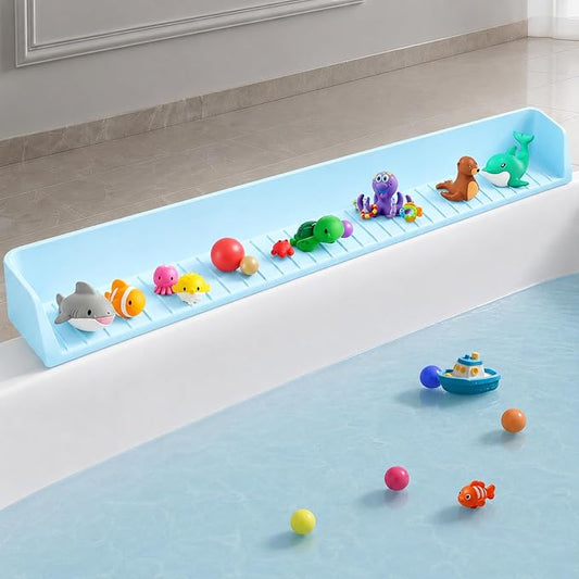 Bathtub Splash Guard for tub Kids& Bath Shelf for Kids – Toddler Bath Tray, Bath Toys Storage & Ledge Organizer – Splash Guard for Bathtub with Suction Cups – Kids Bathroom Accessories(2.6FT, Blue)
