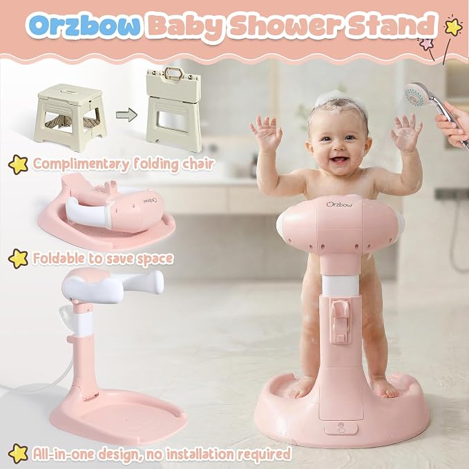 Orzbow Baby Shower Stand, Collapsible Baby Bath Stand with Foldable Chair, Adjustable Height Toddler Shower Standing Support for Infant 6-36 Months, Anti-Slip Base, Easy-Use, Pink