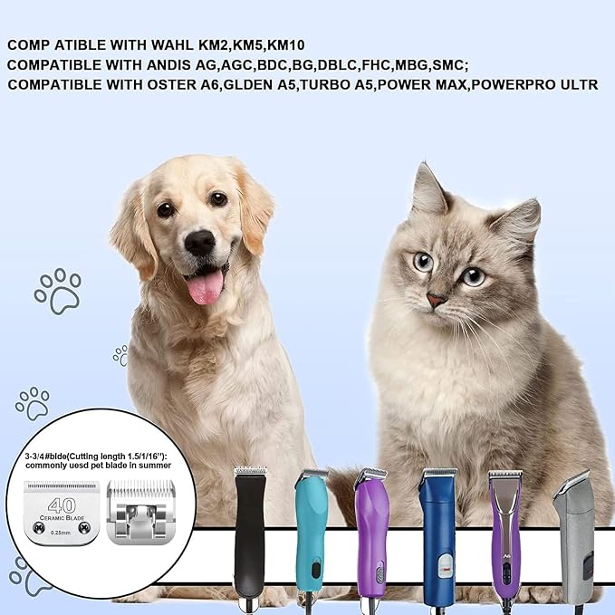 #40 Blades Dog Grooming Replacement Blade Compatible with Andis Dog Clipper | For Wahl KM Series / Oster A5 Dog Clippers,Detachable Stainless Steel Blade,Size #40 Cut Length 1/100"(0.25mm)