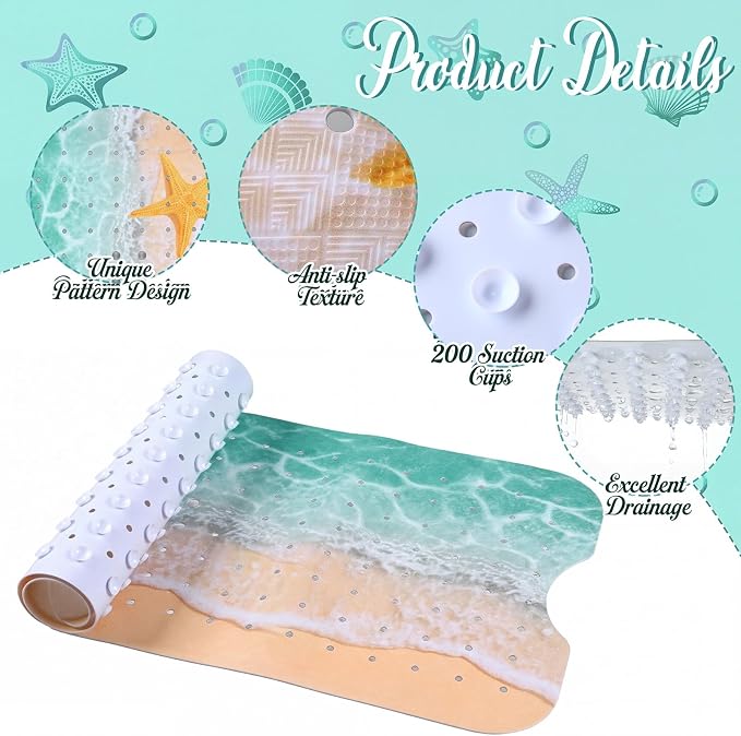 Breling Summer Beach Bathtub Mat Non Slip, 40 x 16 Inch Tub Mat for Bathroom, Starfish Bath Tub Shower Mats with Drain Holes and Suction Cups, Beach Ocean Themed Coastal Bathroom Decor