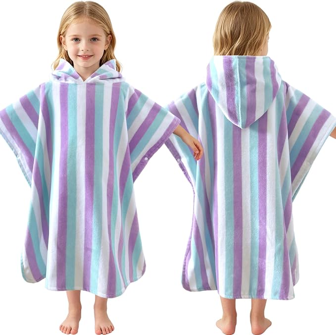 VOOVA & MOVAS Poncho Towels for Kids (4-6Years), Quick Dry Lightweight Absorbent Cotton Hooded Towel Robe for Pool | Swim | Beach | Bath, Aqua Purple Stripe