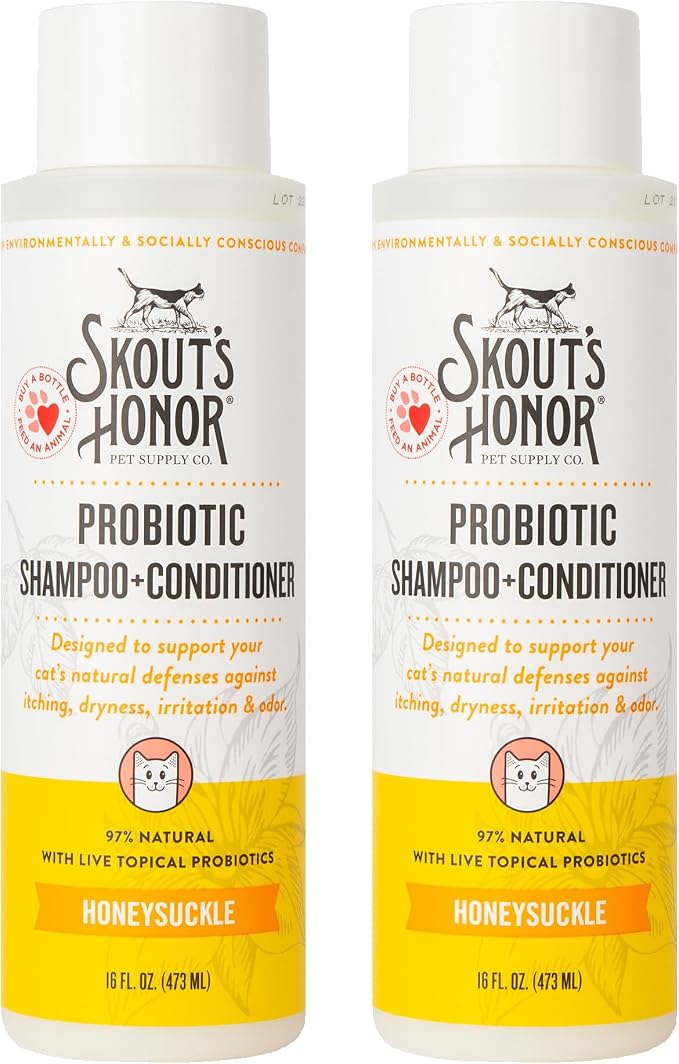 Skout's Honor Probiotic Cat Shampoo & Conditioner with Avocado Oil & Omega-3s, 97% Natural, Paraben & Sulfate-Free, Cruelty-Free, 16oz, Honeysuckle, 2-Pack