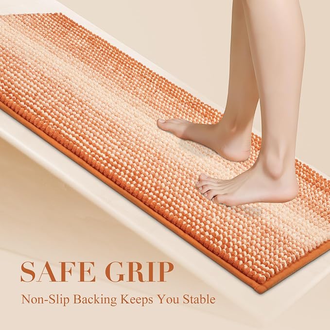 BSICPRO Large Bath Rugs, Non Slip 20 x 47 Inches Water Absorbent Chenille Floor Mats Machine Washable (Pumpkin Orange)