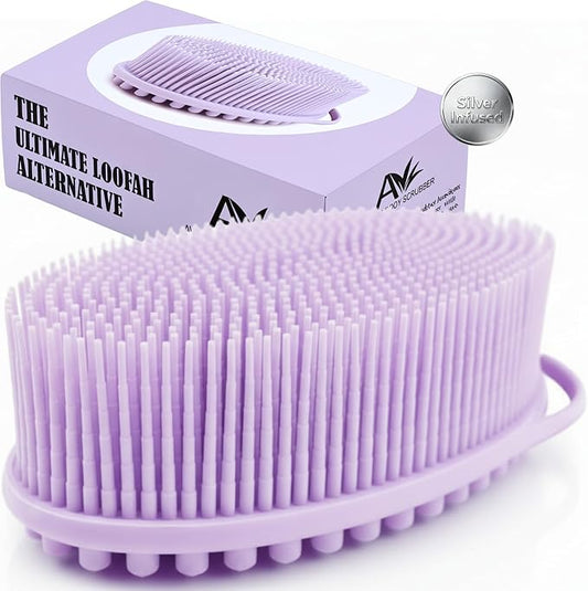 Avilana Silicone Body Scrubber for Shower – SGS Certified Food Grade Dual Sided Bath Brush, Gentle Exfoliating Silicone Loofah Alternative, Sensitive Skin Body Brush (Lavender-Silver, Massage)