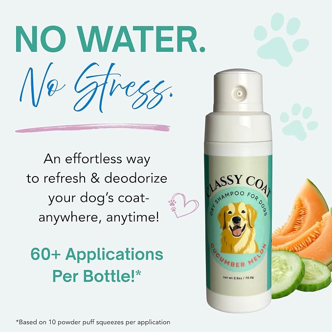 Dry Shampoo Powder & Coat Deodorizer for Dogs (Cucumber Melon) | Waterless No-Rinse Squeeze Bottle Formula | Calming Scent | Talc and Alcohol Free | Safe for Sensitive Skin | Made in USA