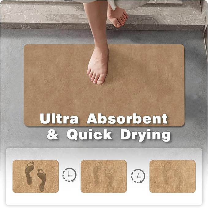 TYUU Bathroom Mat Quick Dry, Bathroom Rugs Non Slip Washable Thin Absorbent Bath Mat Fits Under Door Bathroom Floor Mat Perfect for Bath, Shower, or Sink 20"x30" Camel