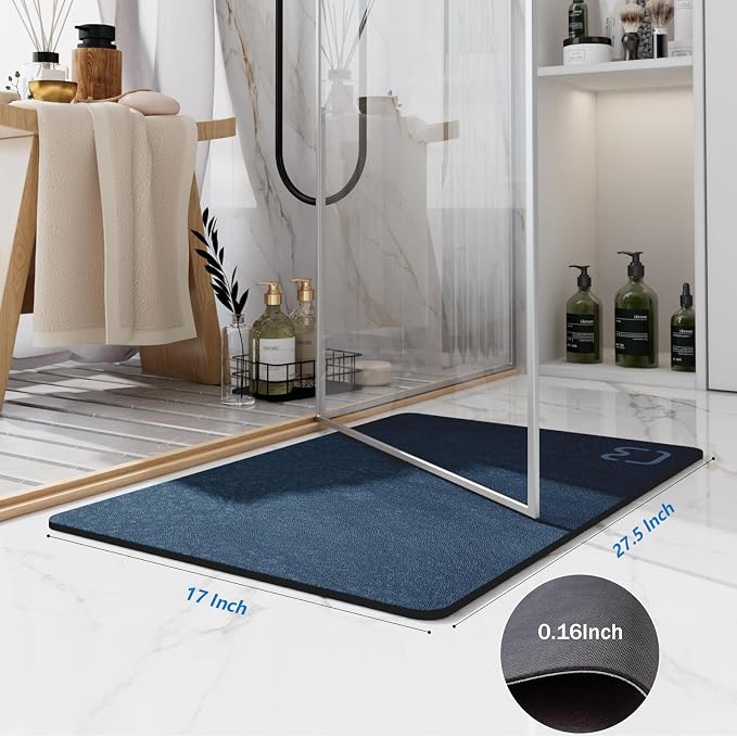 RUERYA Diatomite Stone Bathroom Mats Rug - Rubber Non Slip Fast Dry Super Absorbent Thin Rugs Fit Under Door - Diatomaceous Earth Bath Mat for Bathroom,Shower Room,Laundry Room,Sink,17"x27.5",Navy