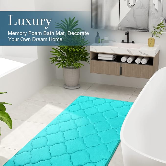 OLANLY Memory Foam Bath Mat Rug 59x20, Ultra Soft and Absorbent Bathroom Rugs, Non-Slip, Comfortable, Machine Washable Bath Carpet for Bathroom Floor, Tub, Shower and Home Decor Accessories, Teal