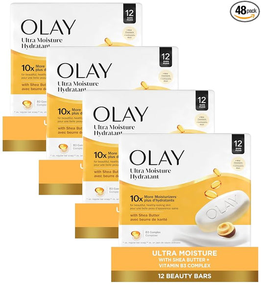Olay Beauty Bar, Ultra Moisture,10x More Moisturizers, Nourishing Conditioners, Smooth & Gentle on Skin, Vitamin B3 Complex, For All Skin Types, Shea Butter Scent, 3.17 oz, (Pack of 48)