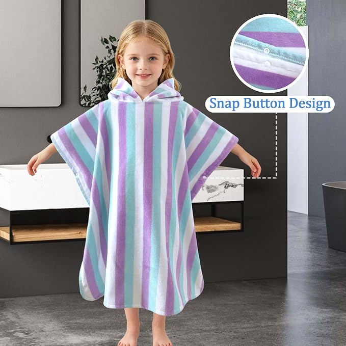 VOOVA & MOVAS Poncho Towels for Kids (4-6Years), Quick Dry Lightweight Absorbent Cotton Hooded Towel Robe for Pool | Swim | Beach | Bath, Aqua Purple Stripe