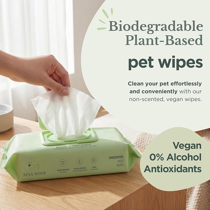 Nina Woof Dog Wipes – Fragrance-Free, Alcohol-Free, Hypoallergenic Pet Grooming Wipes with Aloe Vera, Biodegradable, for Dogs & Cats: Paws, Face, Ears & Butt – (70 Count)