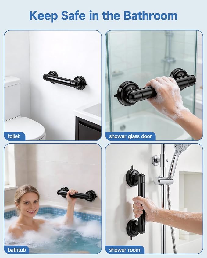 Suction Shower Handle, 2 Pack Grab Bars for Shower and Bathroom, Removable Safety Grip No Drilling & Waterproof, Heavy Duty Suction Cup Bath Handrails Grab Bars for Bathtubs, 11 inch - Black