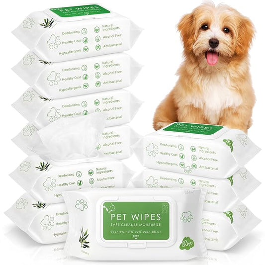 Treela 10 Packs of 80 Dog Wipes Pet Wipes Cat Grooming Supplies for Paws, Butt, Ear, Skin, Body Bath Cleaning Stain Odor Remover, Home or Travel Use(Tea Tree Flavor)