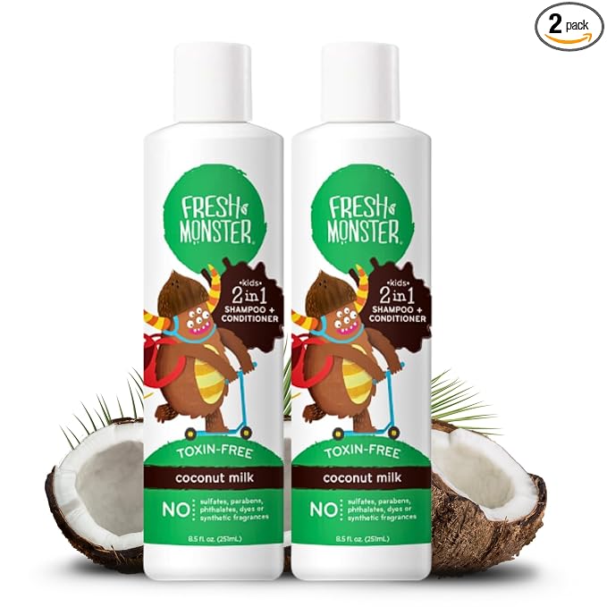 Fresh Monster 2-in-1 Kids Shampoo & Conditioner, Toxin-Free, Hypoallergenic, Tear-free Shampoo & Conditioner for Kids, Coconut (2 Pack, 8.5oz/each)